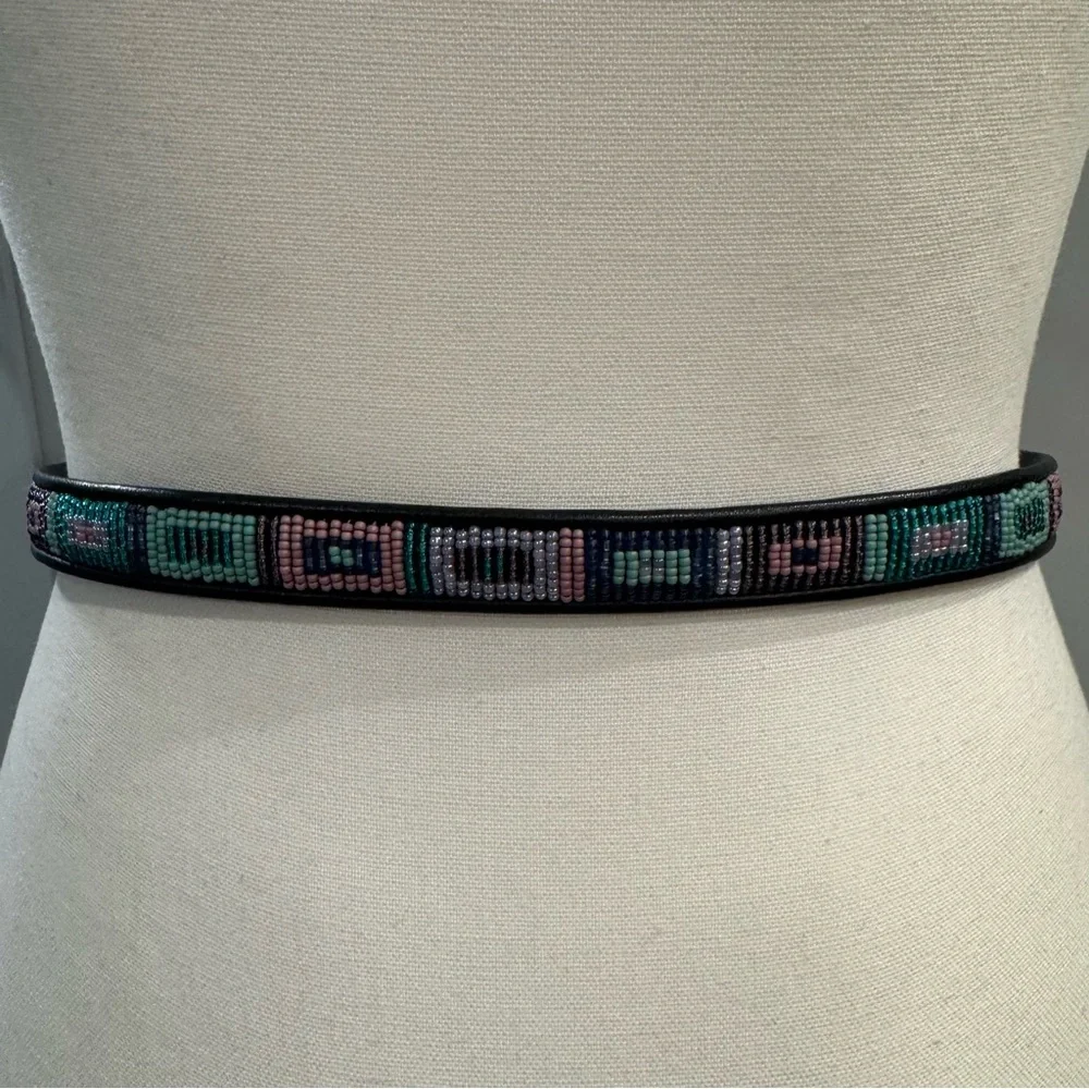 Brighton Black Leather Belt Silver Buckle Aztec Bead Square Design Pink Teal Med